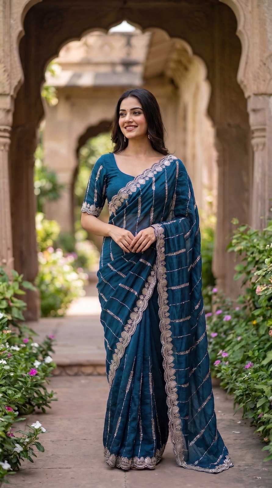 Satin Sequence Saree in Peacock Blue