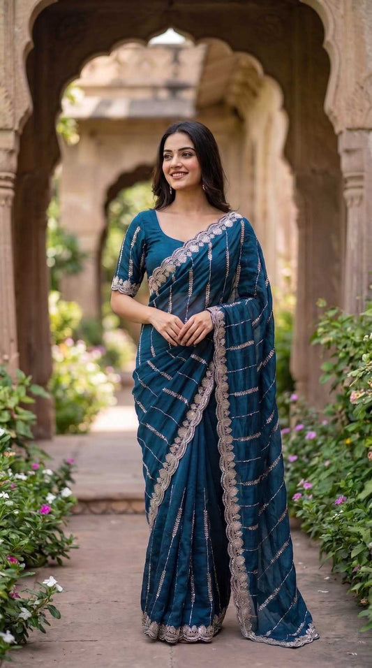 Satin Sequence Saree in Peacock Blue