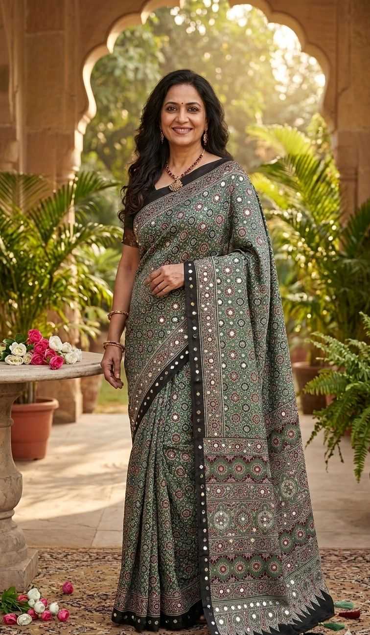 Satin Ajrakh Saree