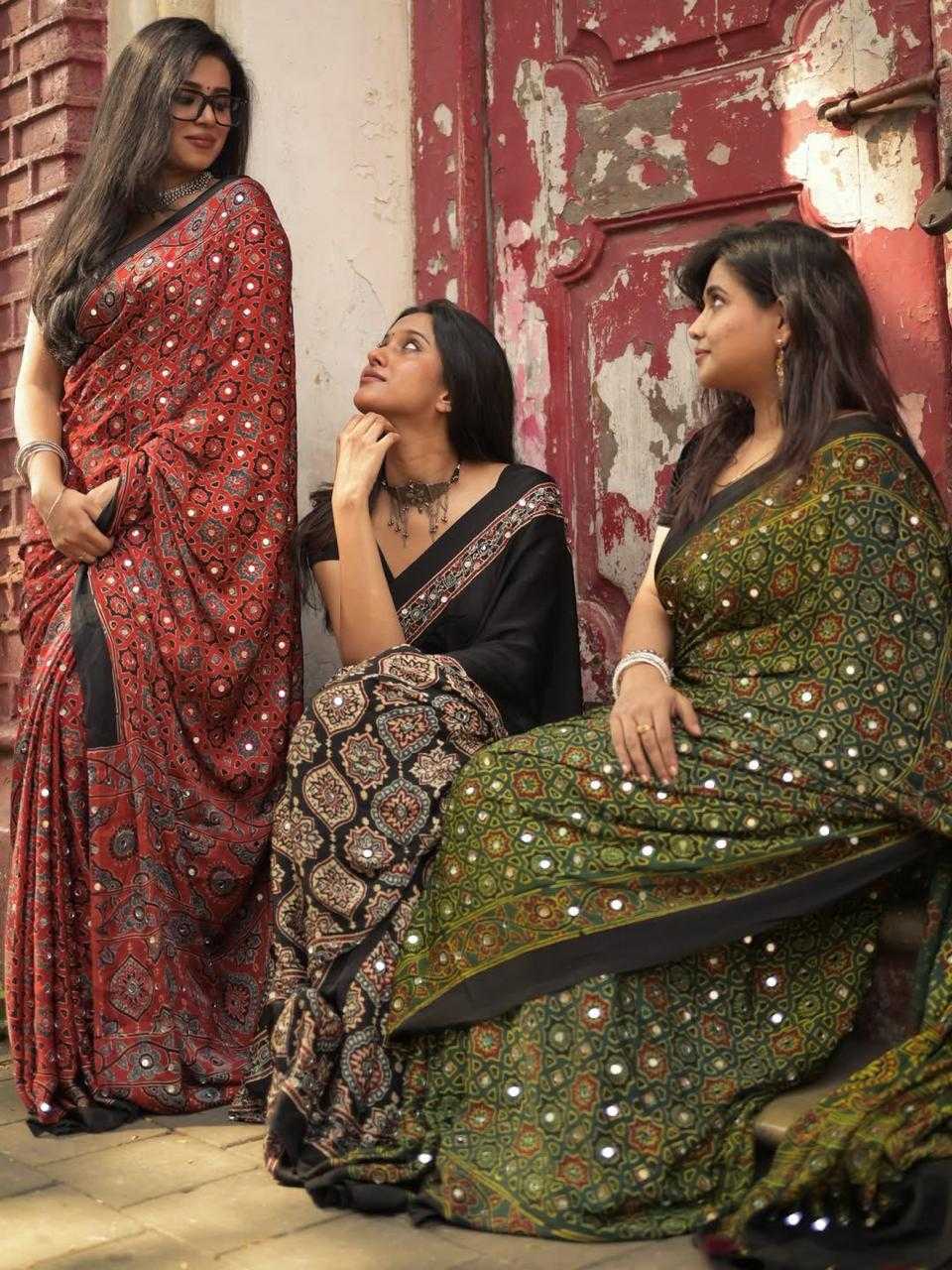 Satin Ajrakh Saree