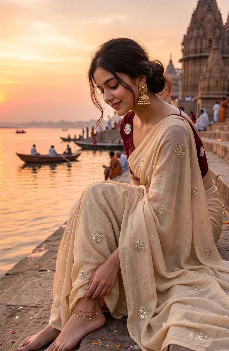 Ajrakh Tulips Satin Weightless Saree in Brown