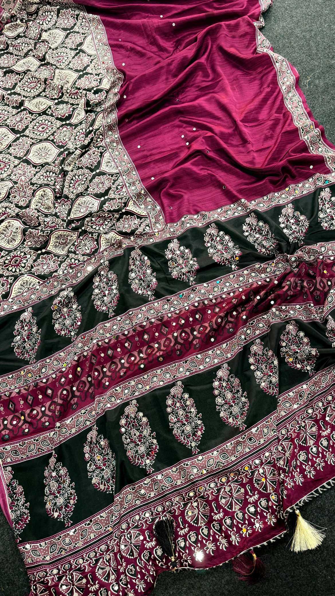 Satin Ajrakh Saree in Wine