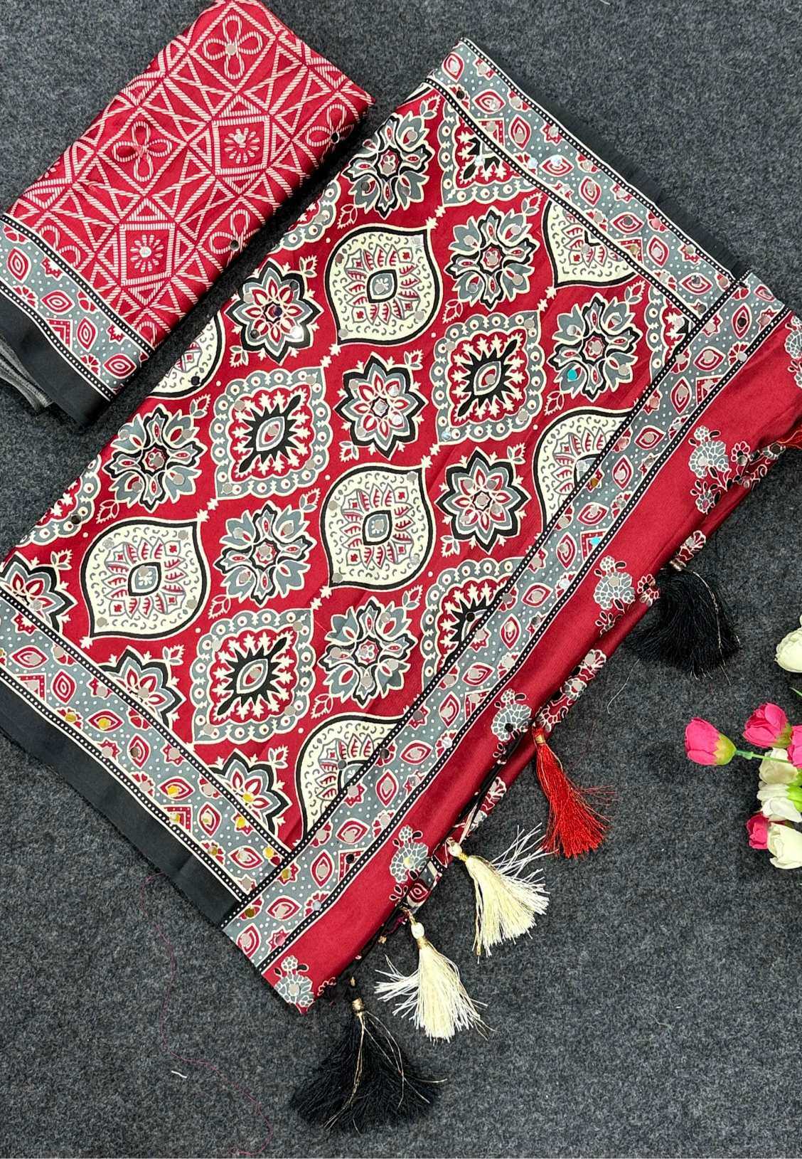 Satin Ajrakh Saree in Wine