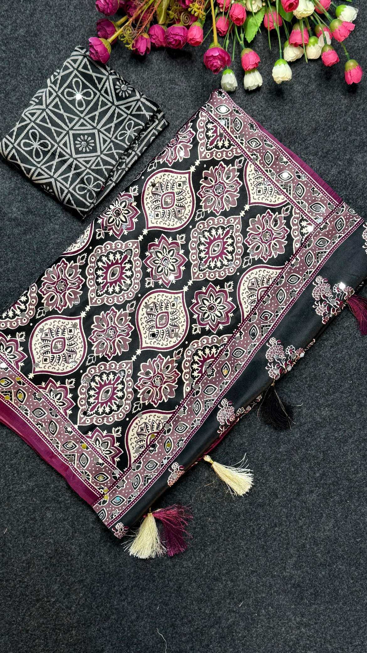 Satin Ajrakh Saree in Wine