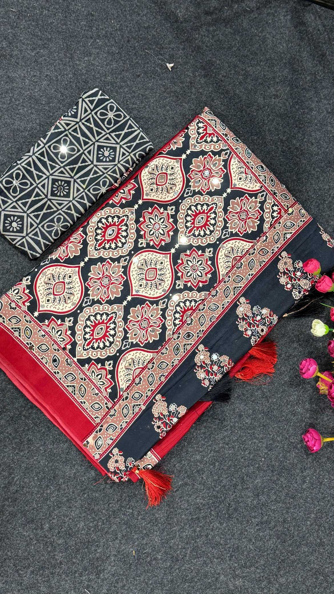 Satin Ajrakh Saree in Wine