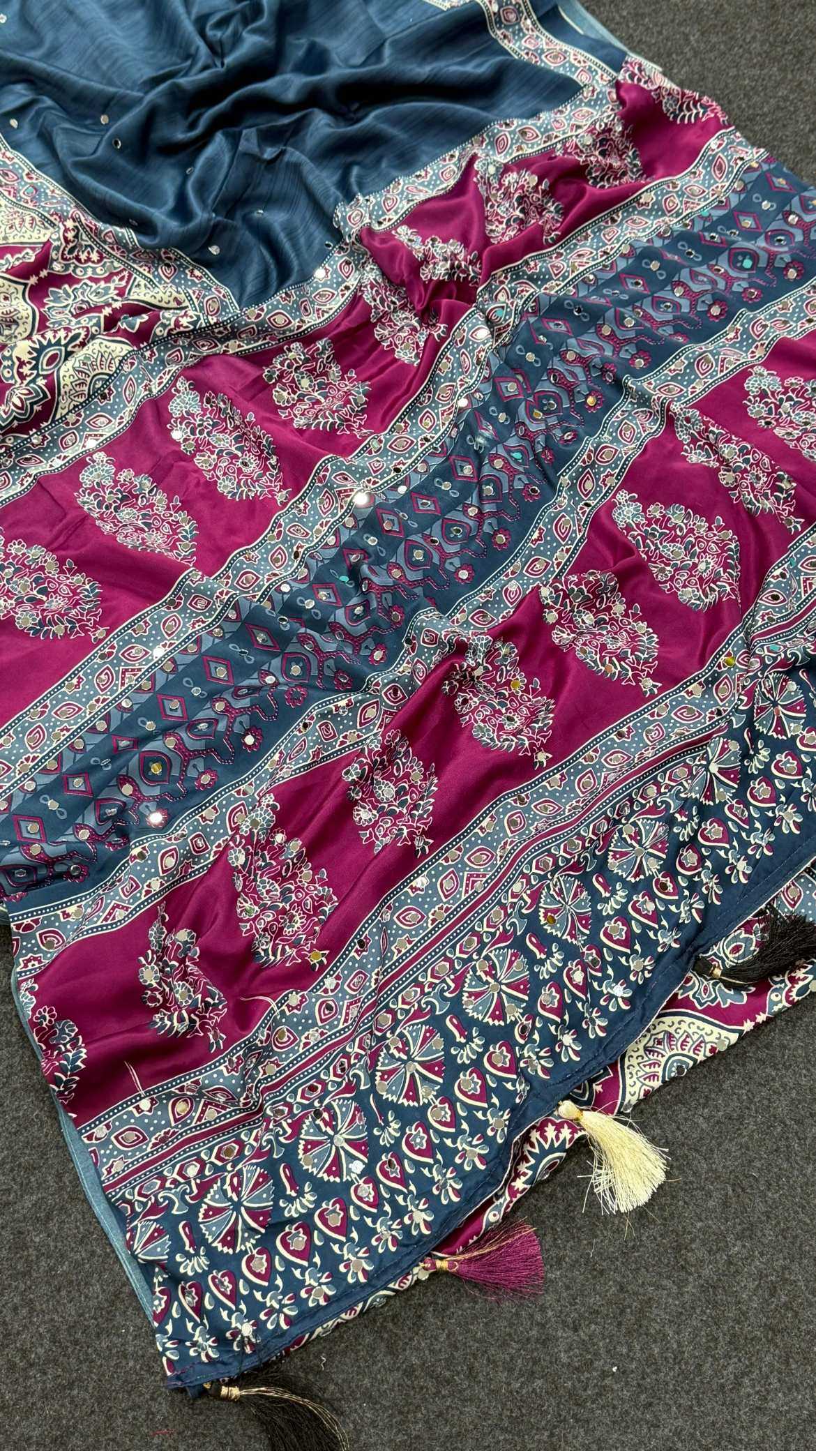 Satin Ajrakh Saree in Wine