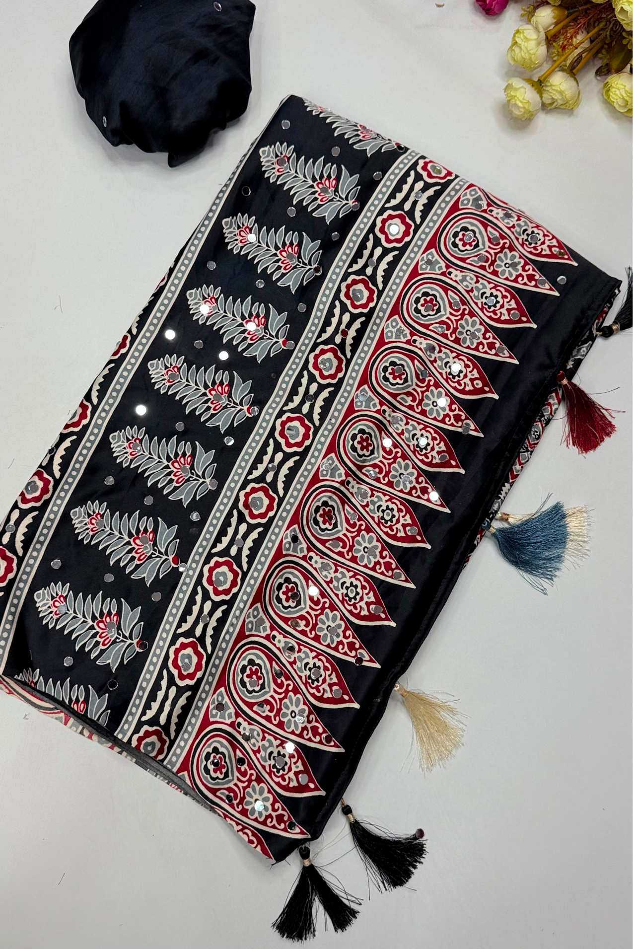 Satin Mirror Work Saree