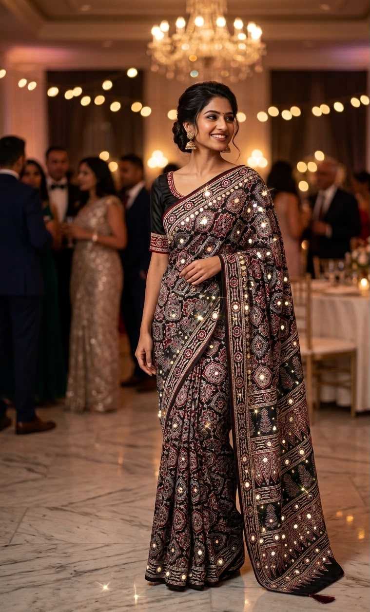 Satin Mirror Work Saree