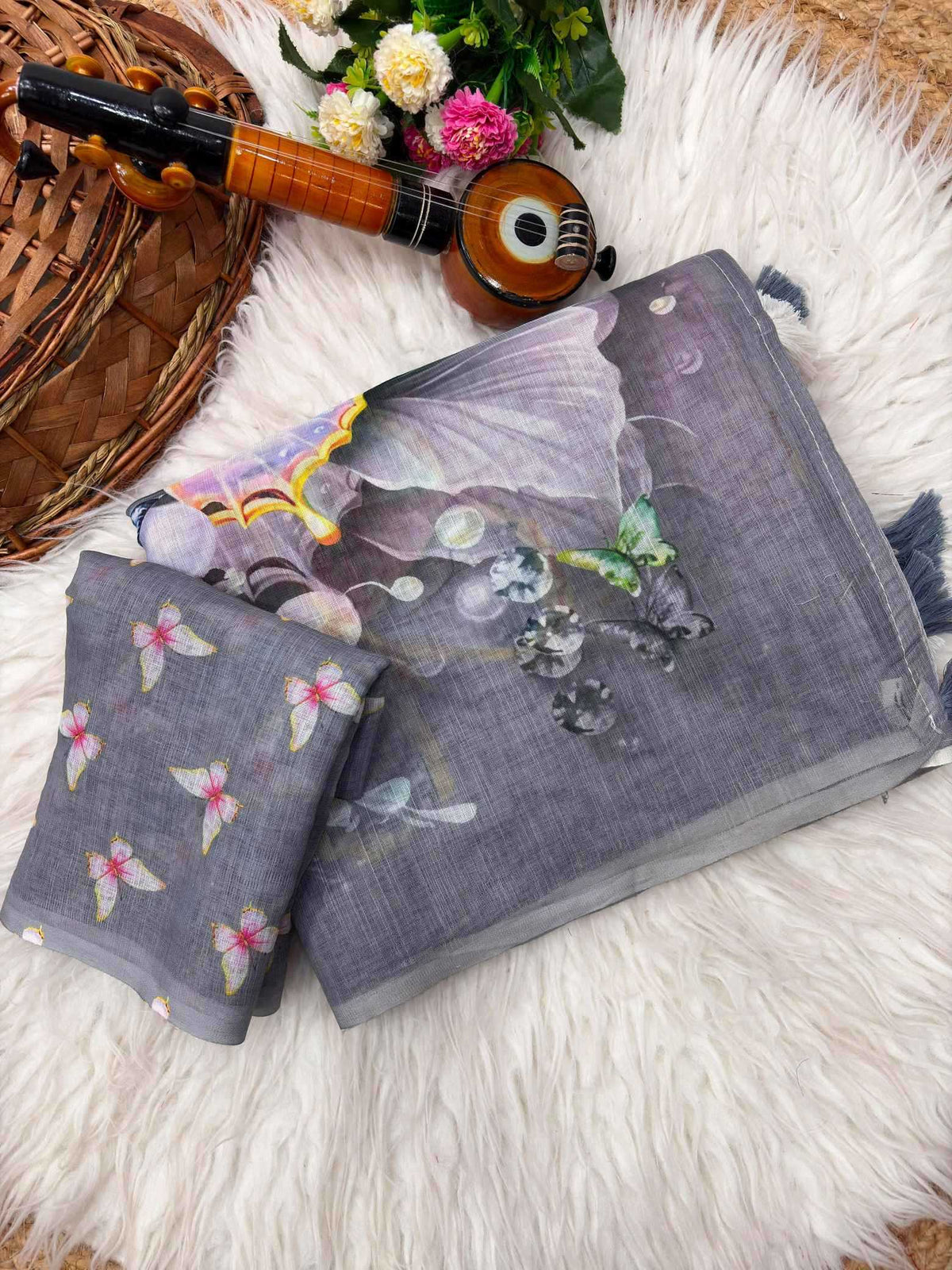 Linen Fancy Saree in Grey