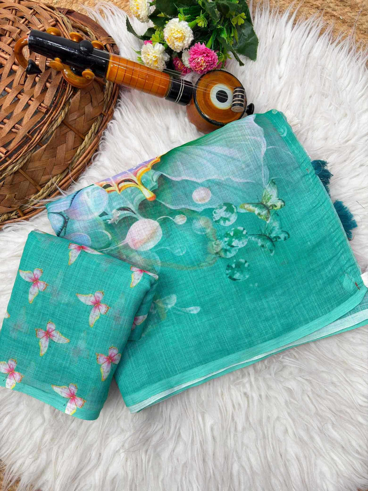 Linen Printed Saree in Grey