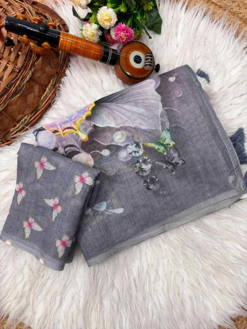 Linen Printed Saree in Grey