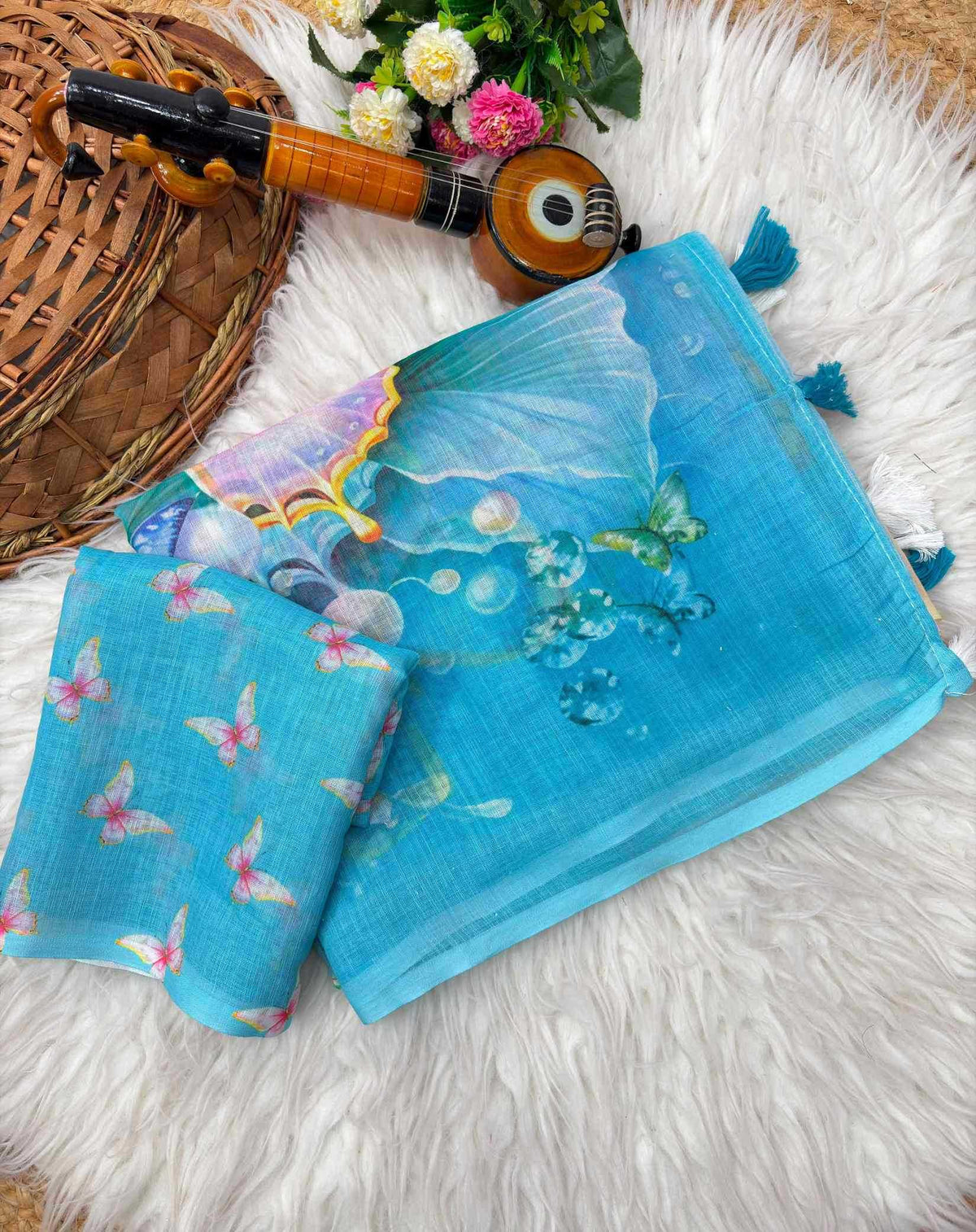 Linen Printed Saree in Grey