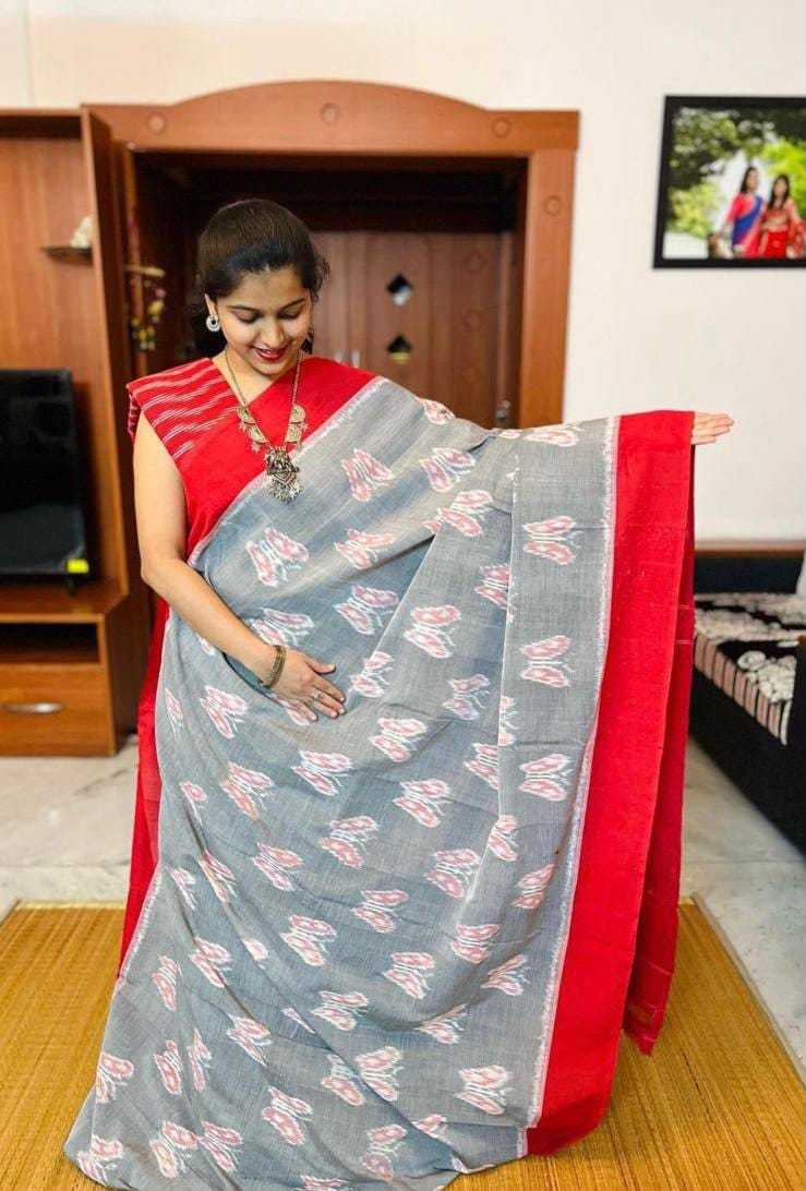 Ikkat Linen Printed Saree