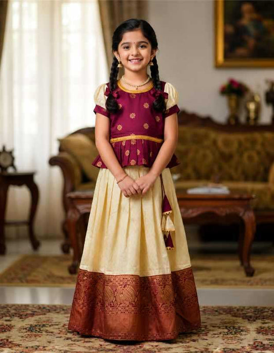 Maroon Jacquard Kids Lehenga