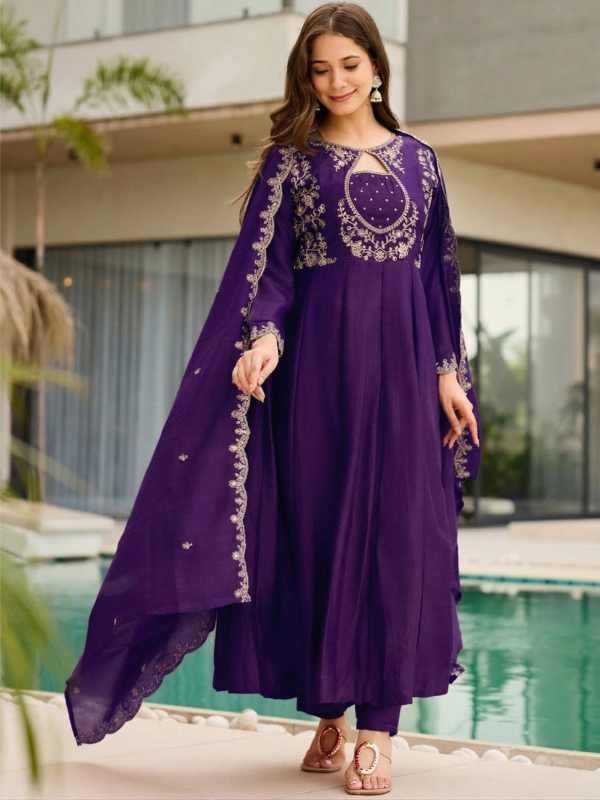 Vichitra Silk Embroidered Kurti in Rust