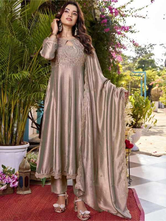 Vichitra Silk Embroidered Kurti in Brown