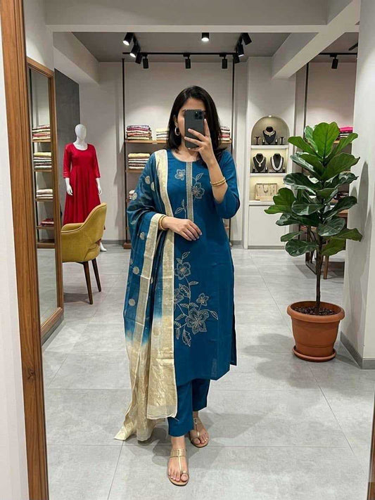 Heavy Roman Silk Festive Kurti in Blue
