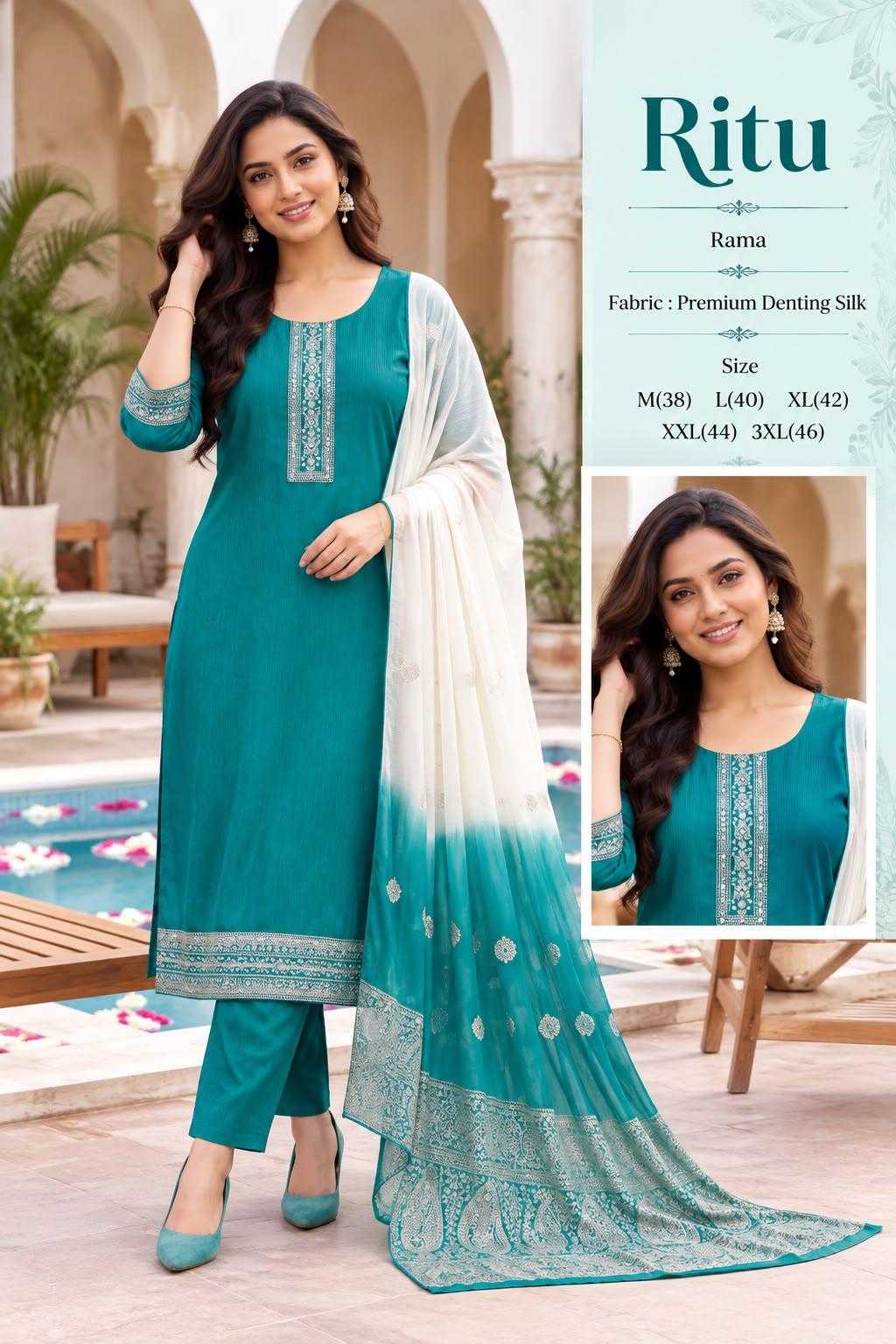 Ritu Chanderi Cotton Embroidery Suit in Navy Blue