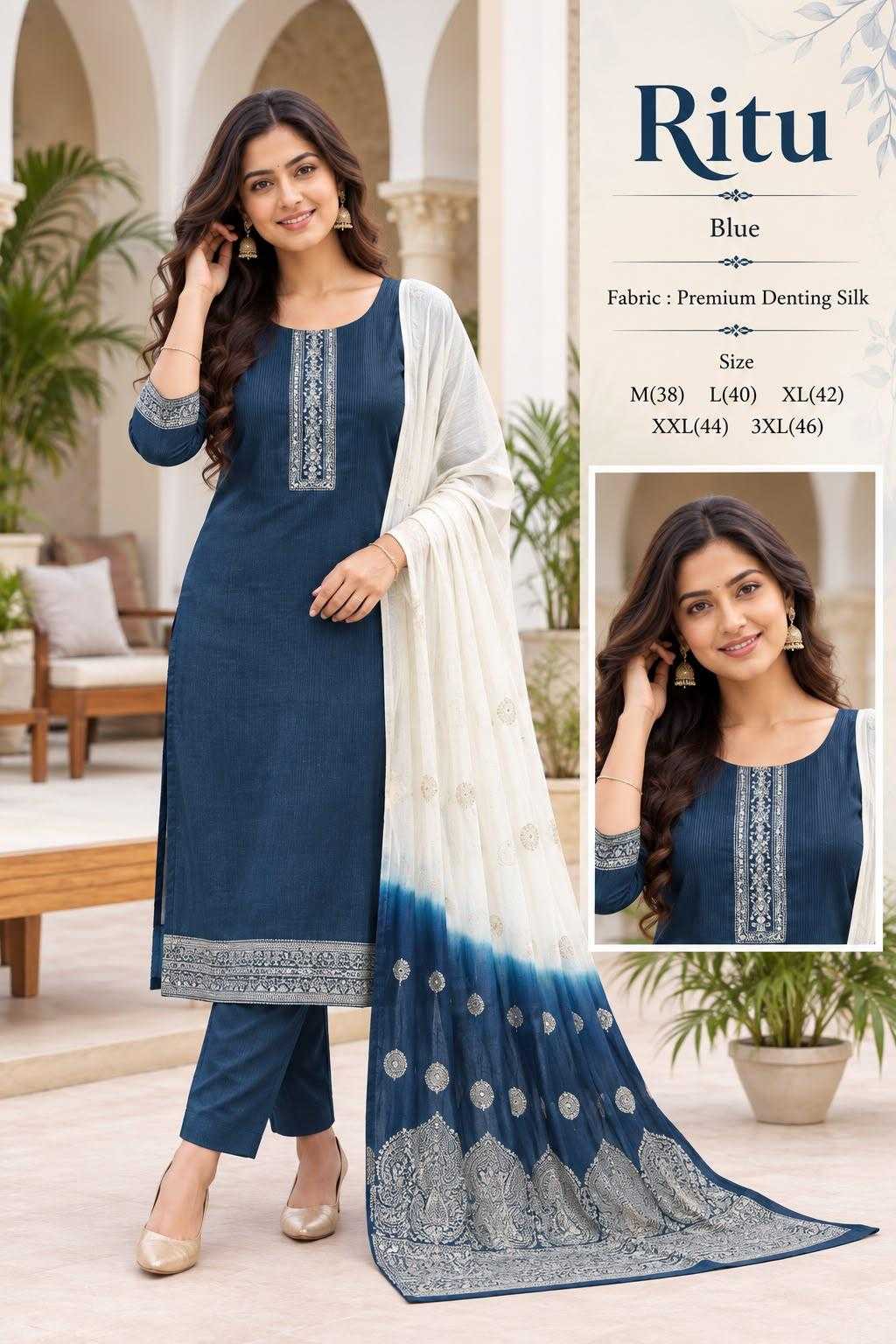 Ritu Chanderi Cotton Embroidery Suit in Navy Blue