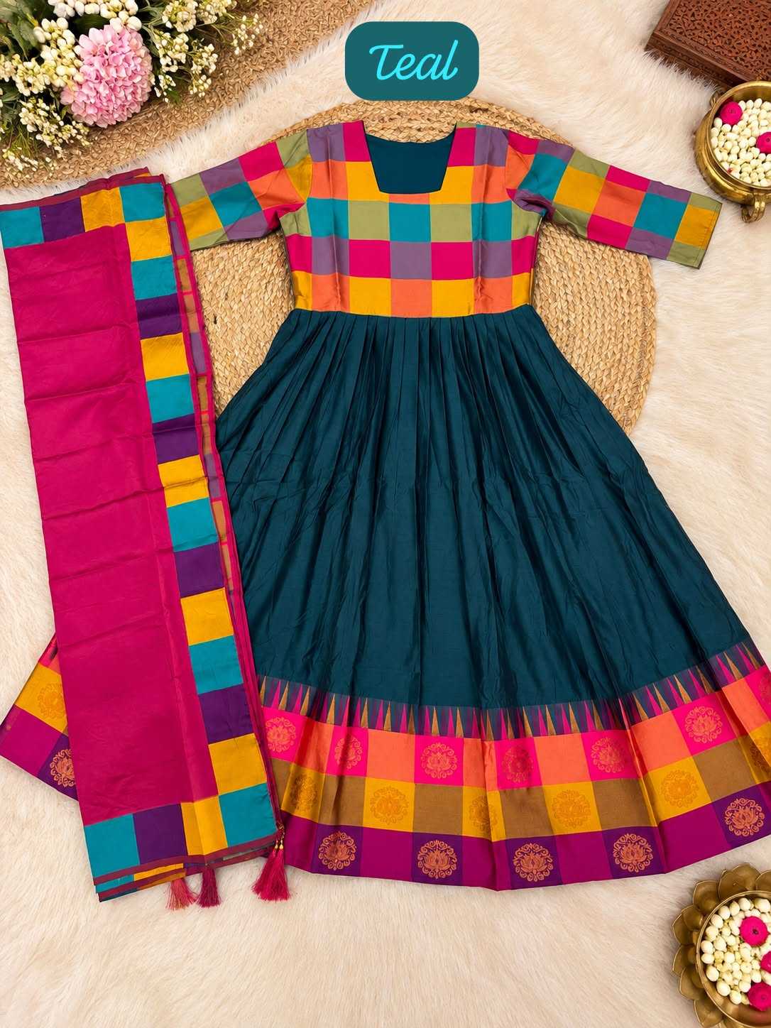 Teal Cotton Anarkali Suit