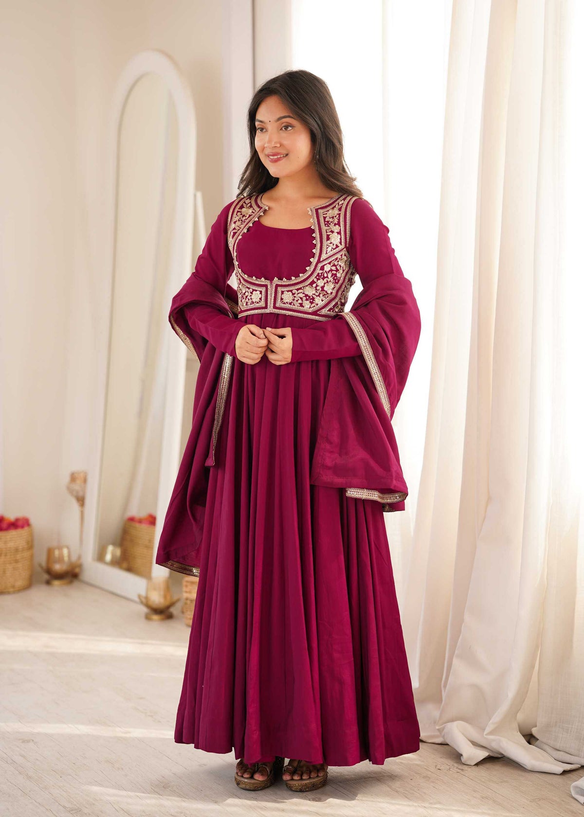 Dark Ranipink Heavy Roman Silk Anarkali Gown
