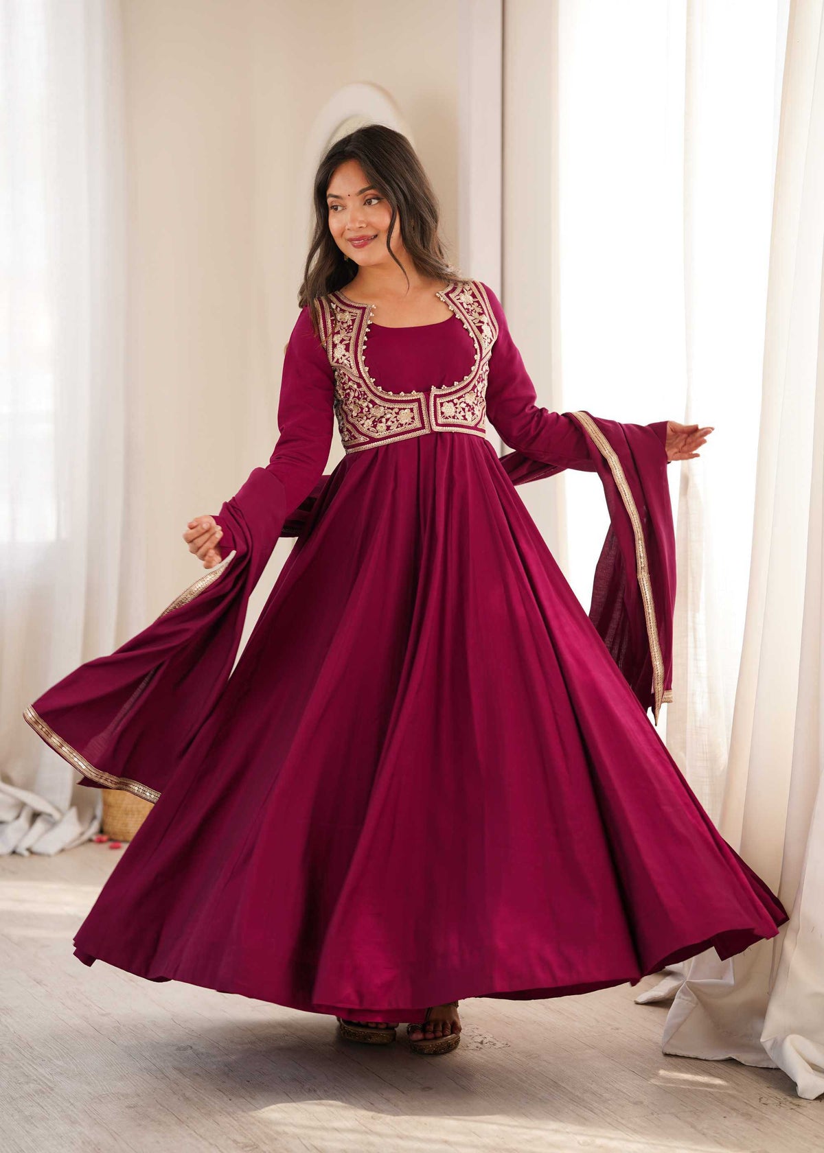 Dark Ranipink Heavy Roman Silk Anarkali Gown