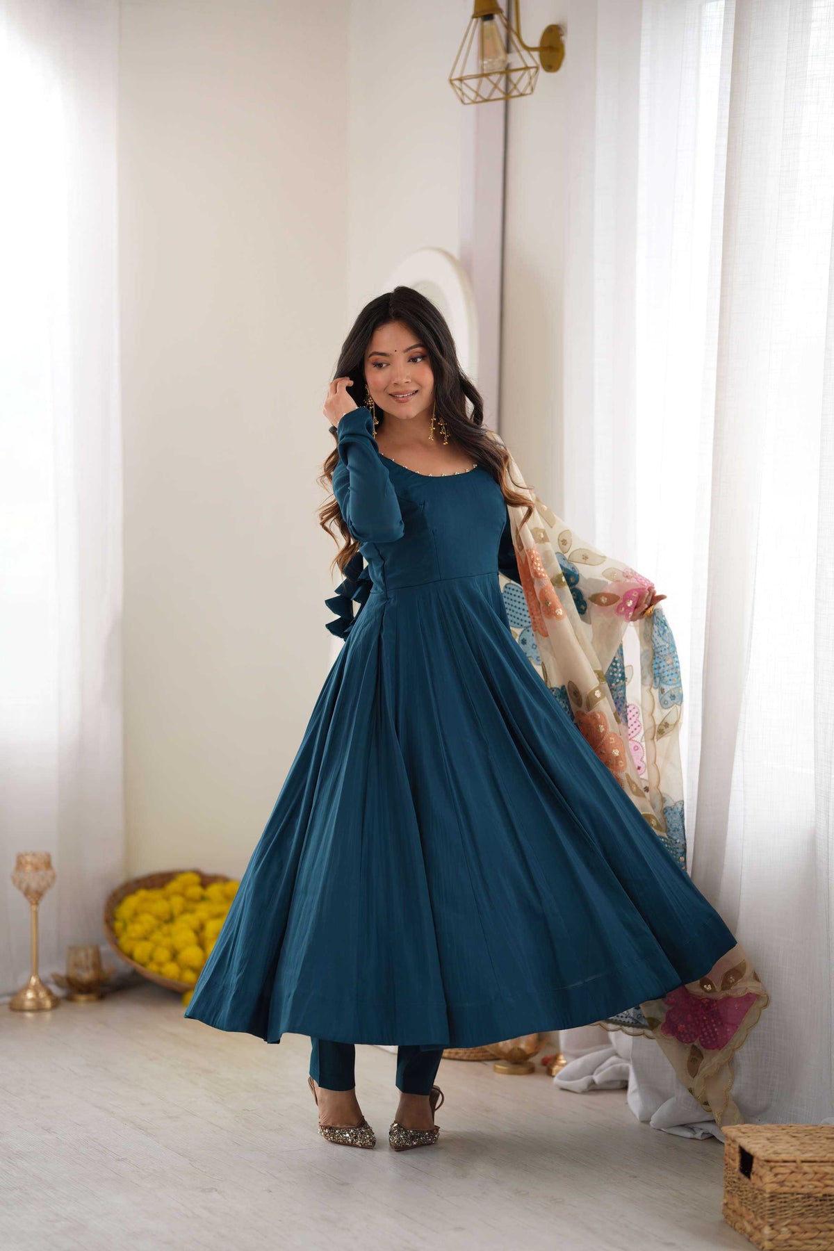 Tealblue Heavy Roman Silk Fancy Gown