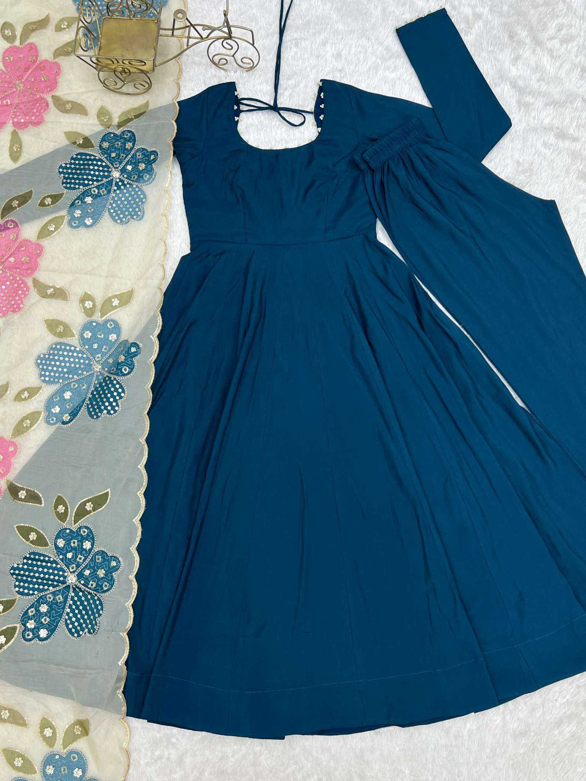 Tealblue Heavy Roman Silk Fancy Gown