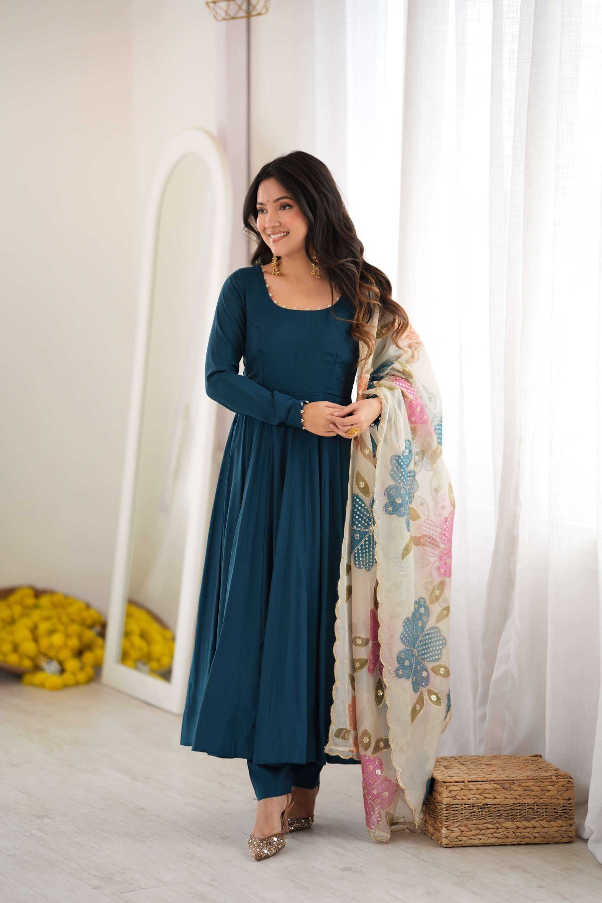 Tealblue Heavy Roman Silk Fancy Gown