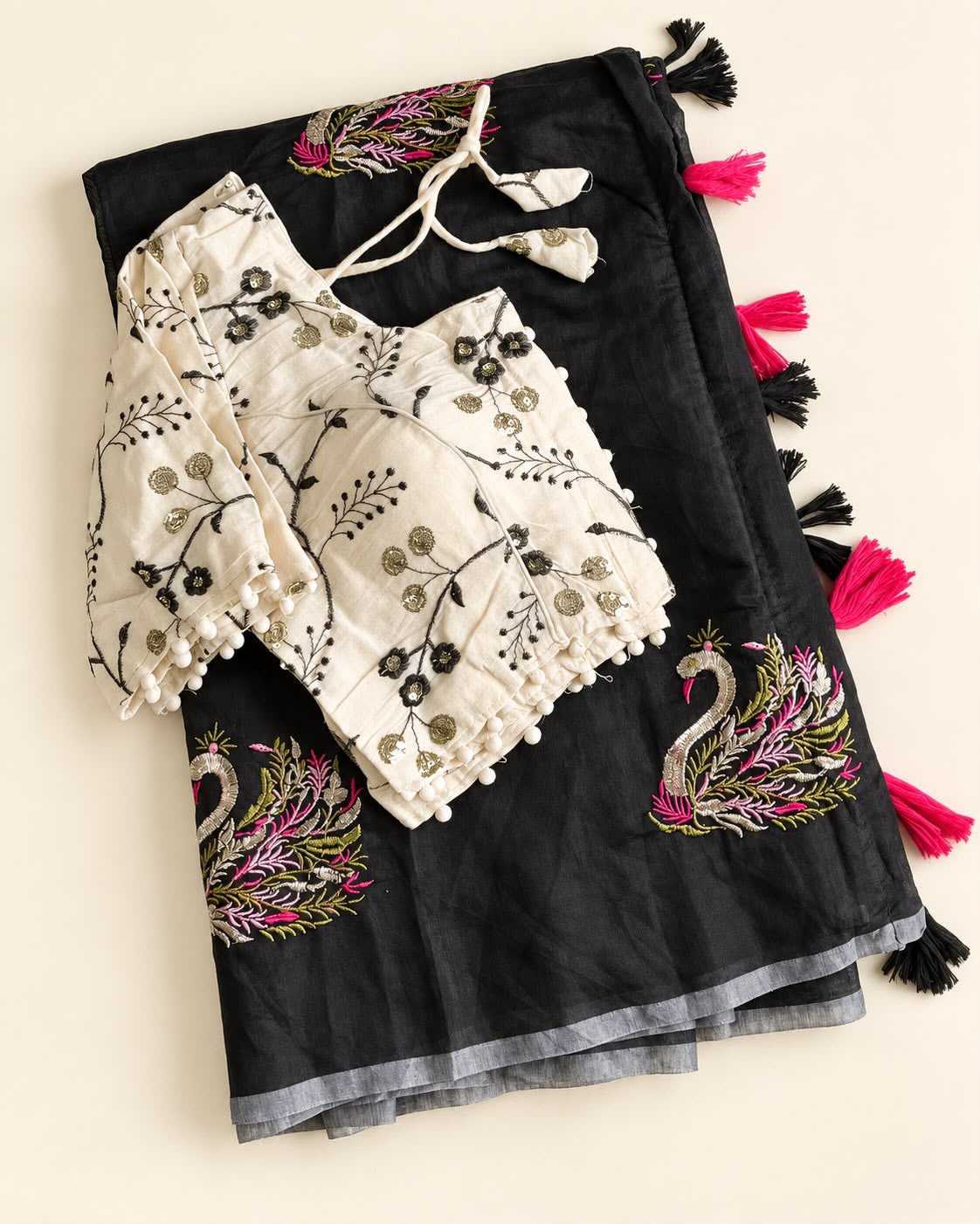 Black Chanderi Silk Designer Saree