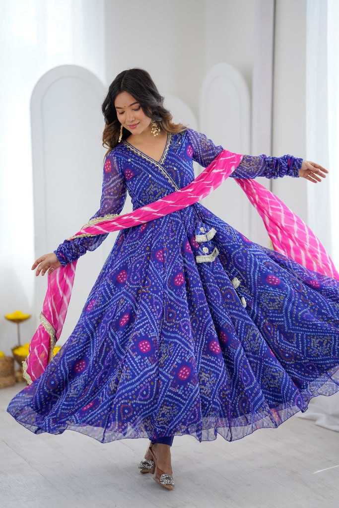Faux Georgette Printed Gown in Blue