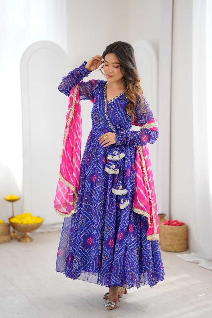 Faux Georgette Printed Gown in Blue