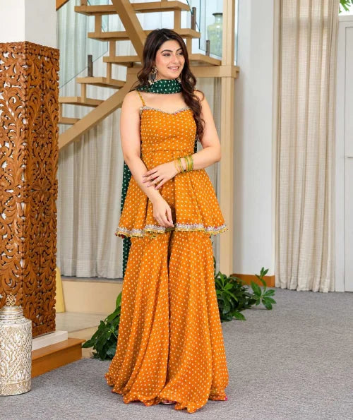 Faux Georgette Printed Suit in Mustard