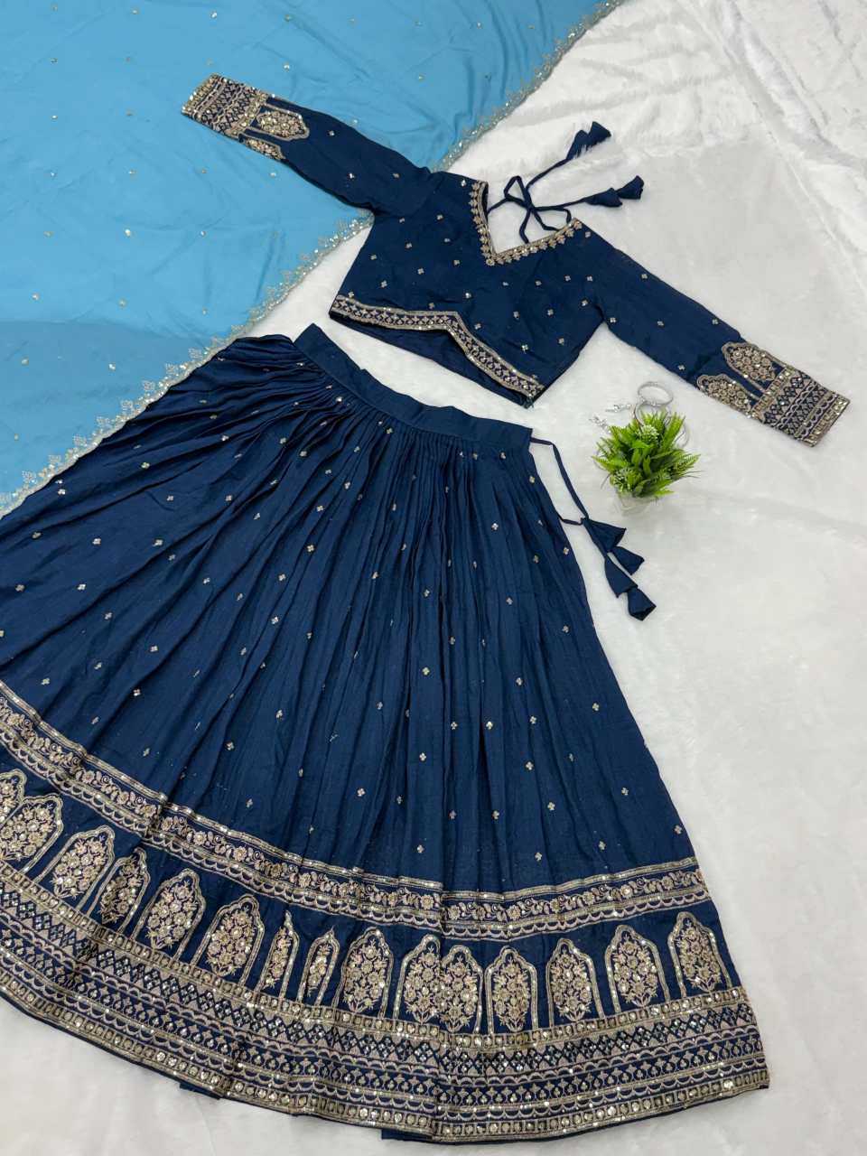Soft Vichitra Embroidered Lehenga
