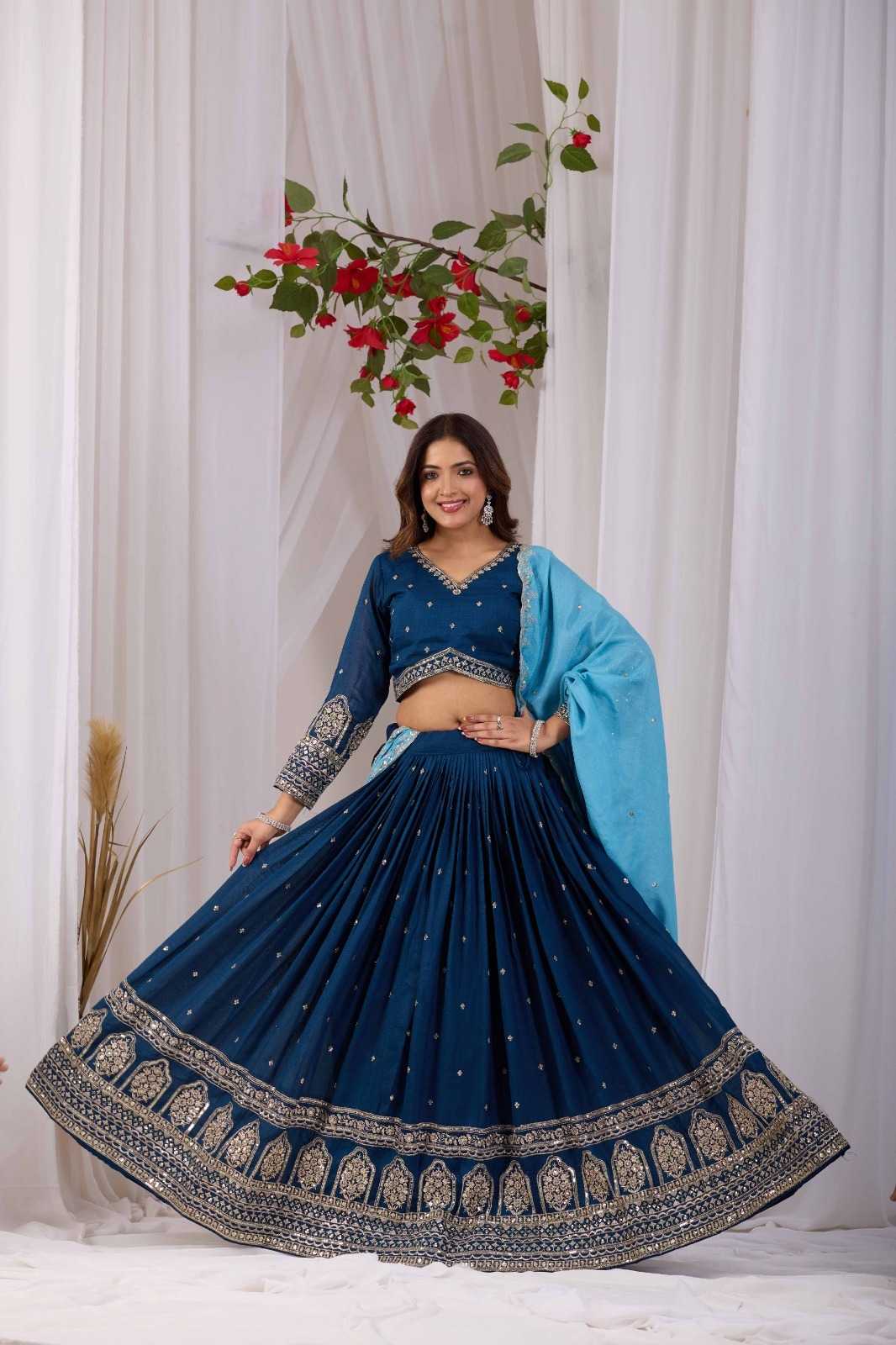 Soft Vichitra Embroidered Lehenga
