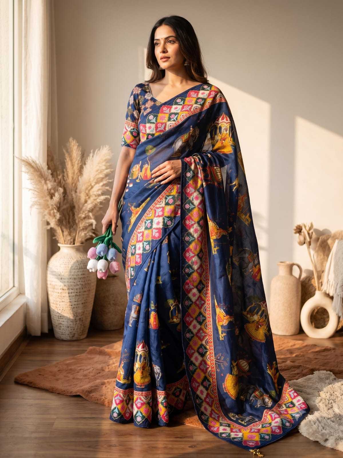 Satin Printed Saree in White