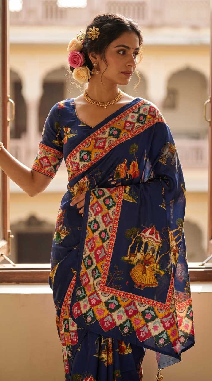 Satin Printed Saree in White