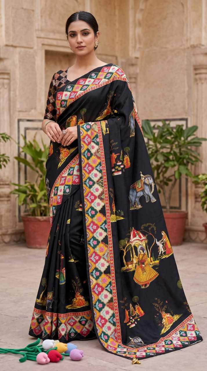 Satin Printed Saree in White