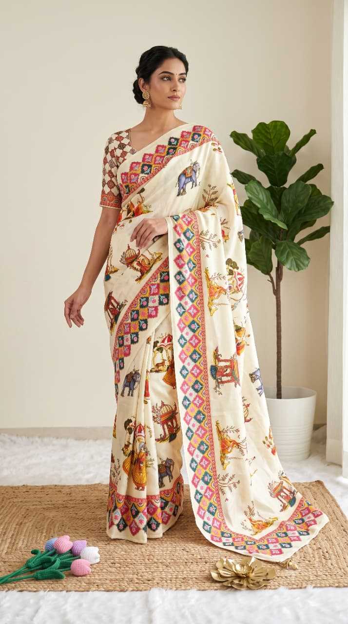 Satin Printed Saree in White