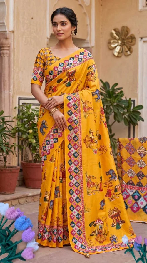 Satin Printed Saree in White
