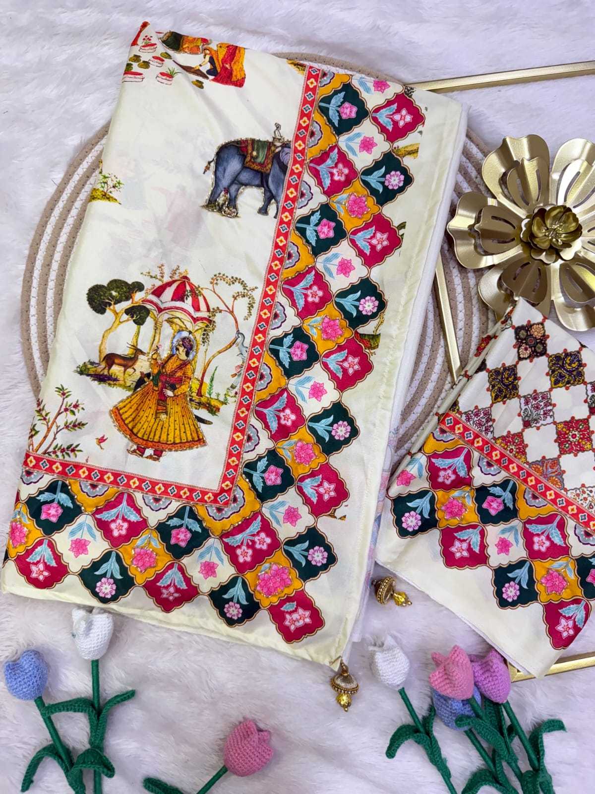 Satin Printed Saree in White