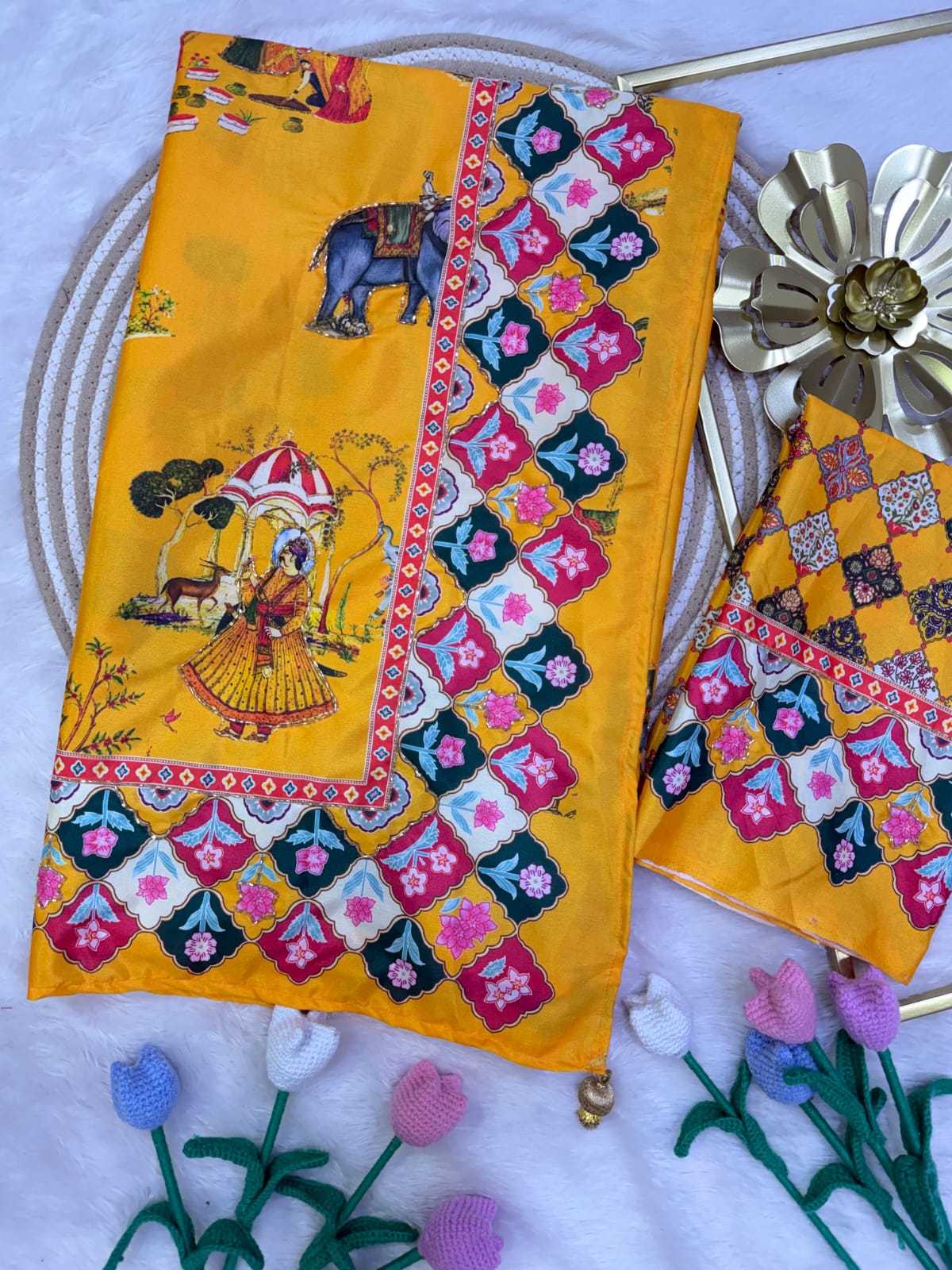 Satin Printed Saree in White