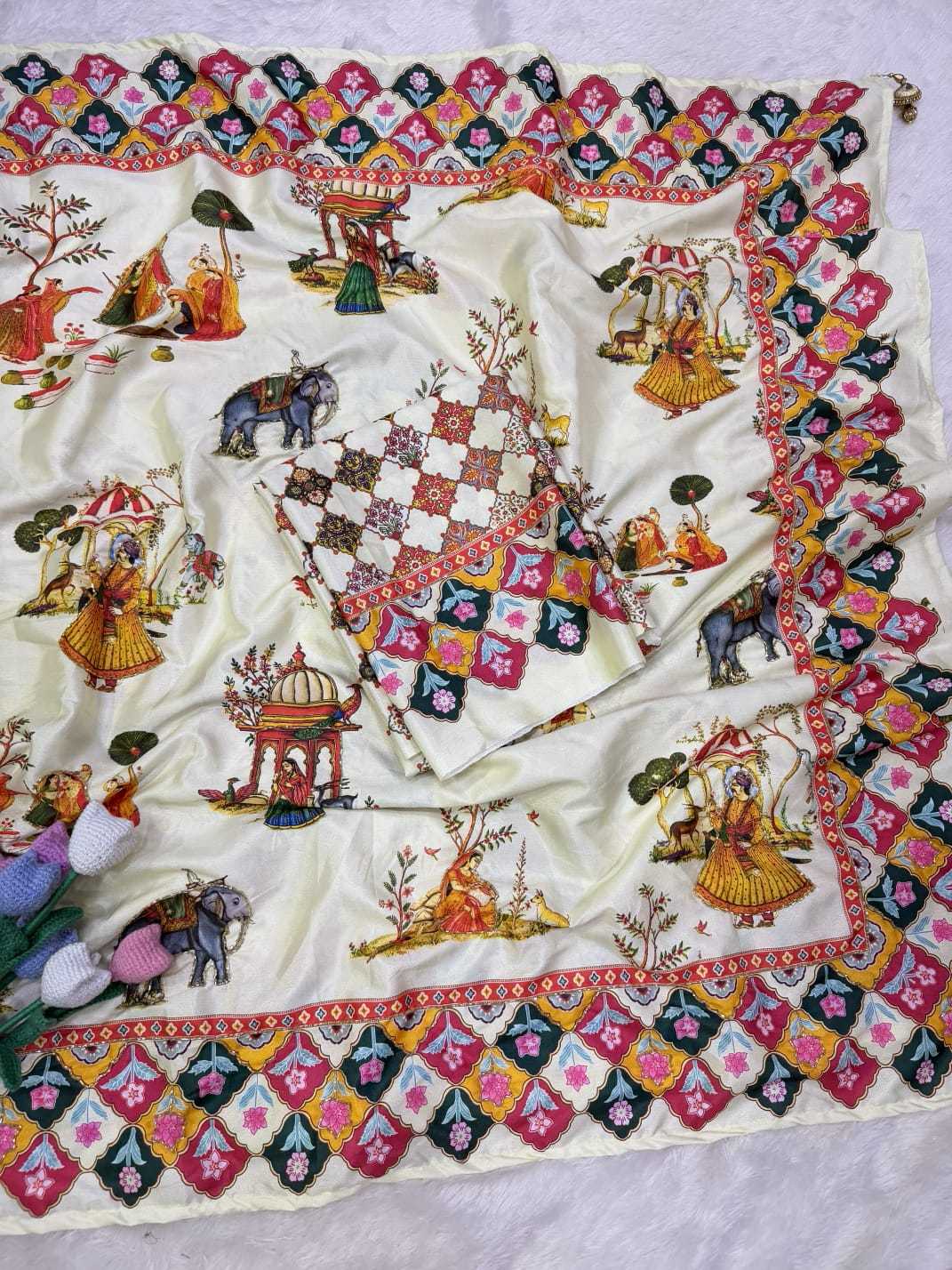 Satin Printed Saree in White