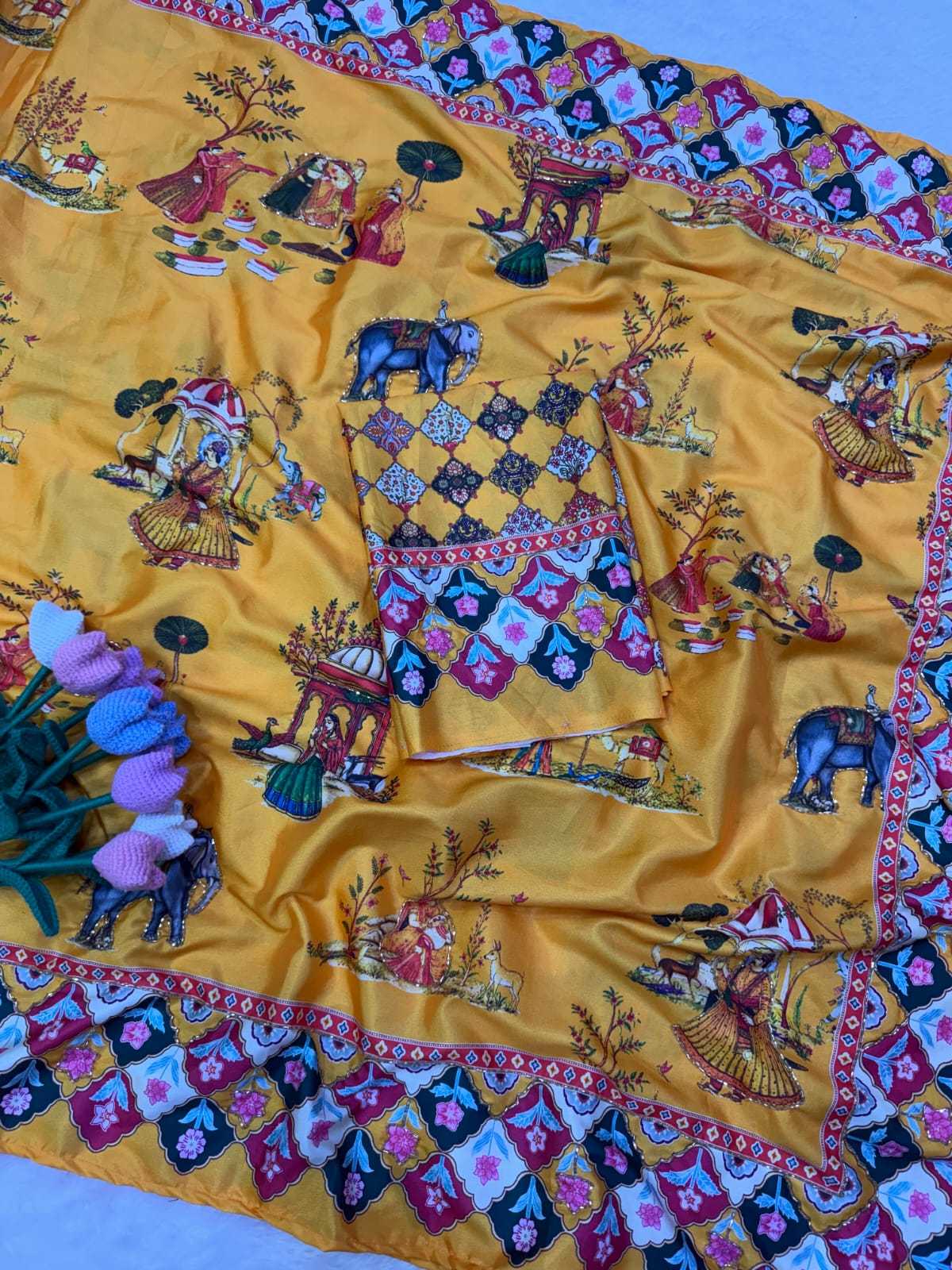 Satin Printed Saree in White