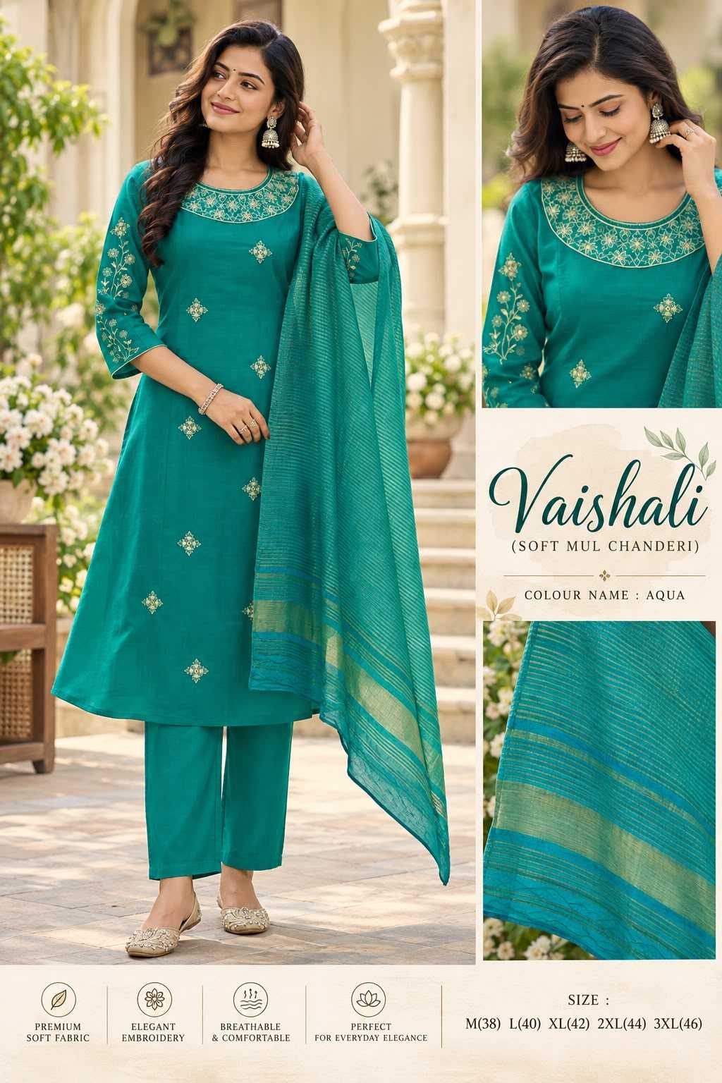 Vaishali Chanderi Silk Embroidery Suit in Sea Blue