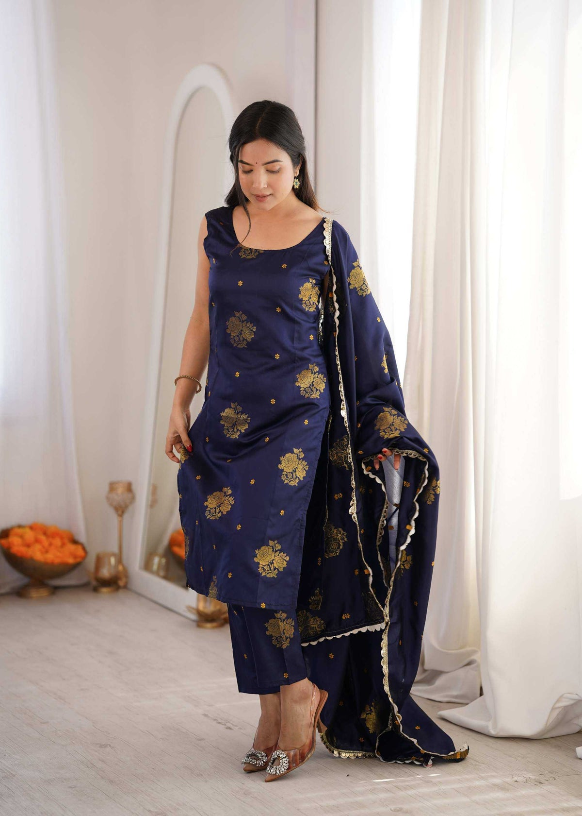 Soft Silk Designer Kurti in Navy Blue