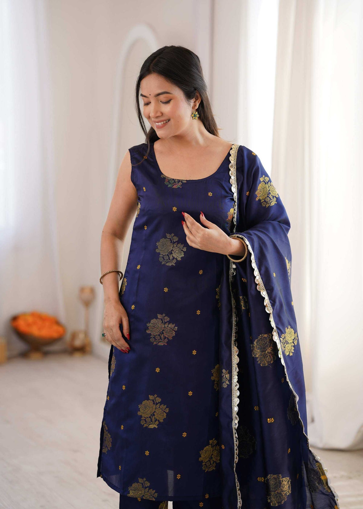 Soft Silk Designer Kurti in Navy Blue