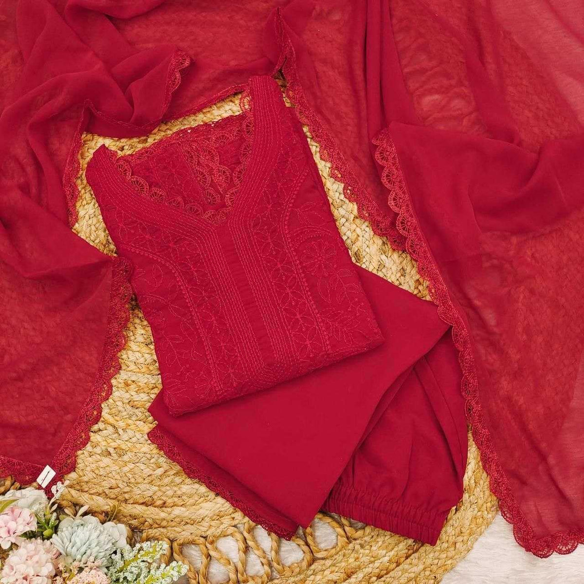 Georgette Embroidery Suit in Peach