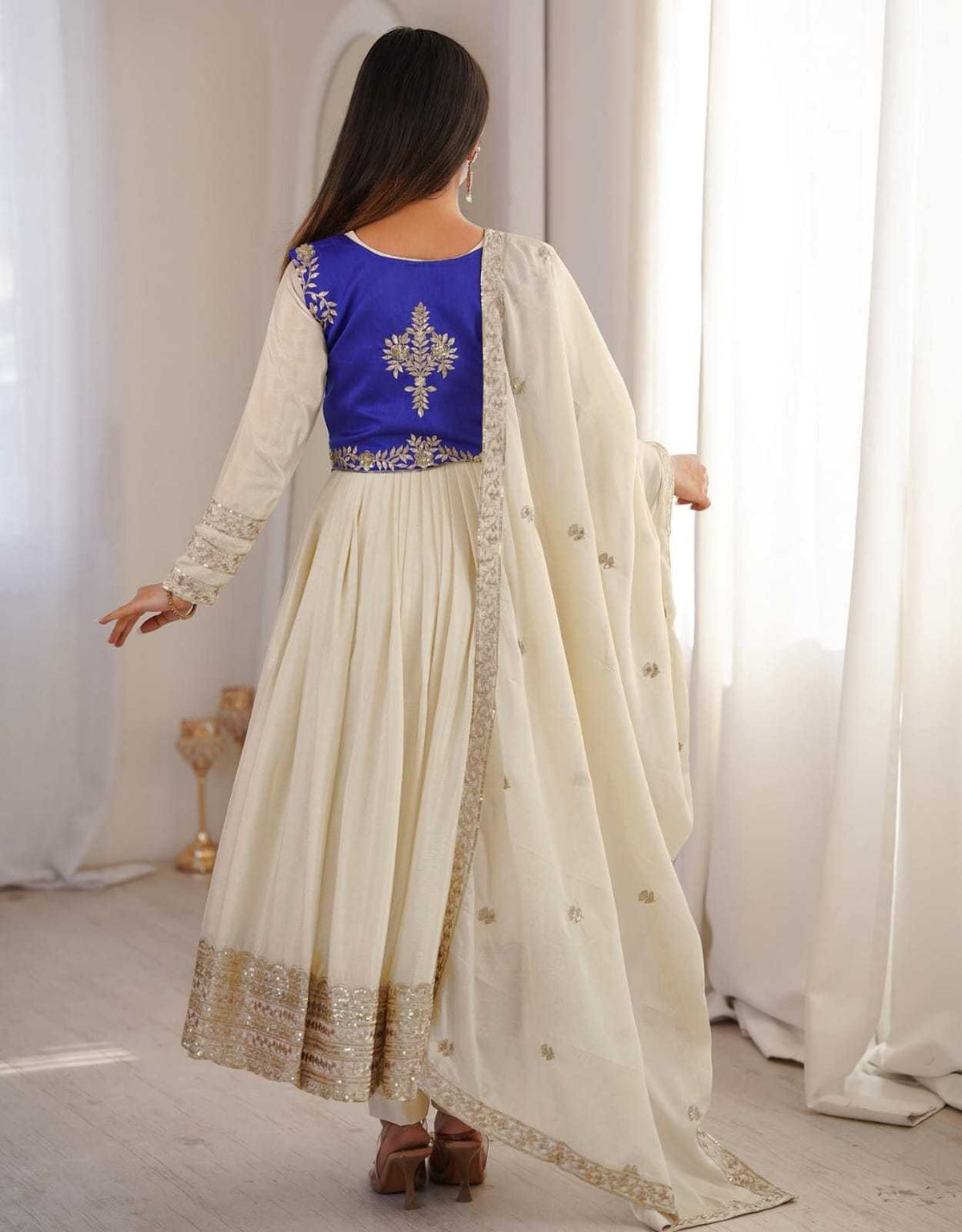 Paridhan Chinon Embroidered Gown in White