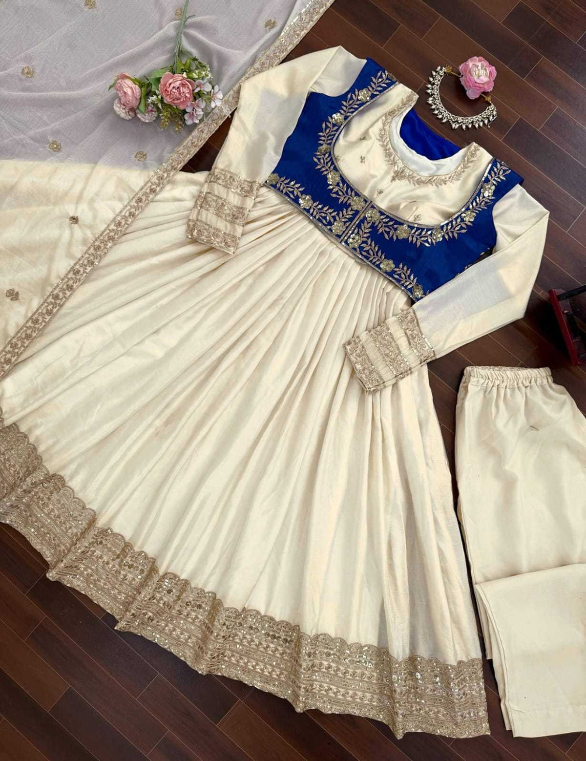 Paridhan Chinon Embroidered Gown in White